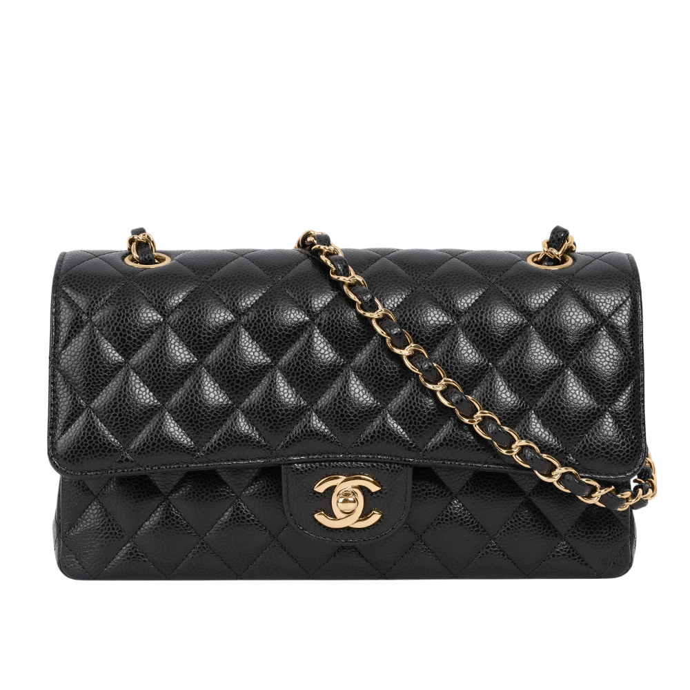 【CHANEL】金釦菱格紋粒紋牛皮 25cm COCO包(黑色)A01112 Y01864 C3906