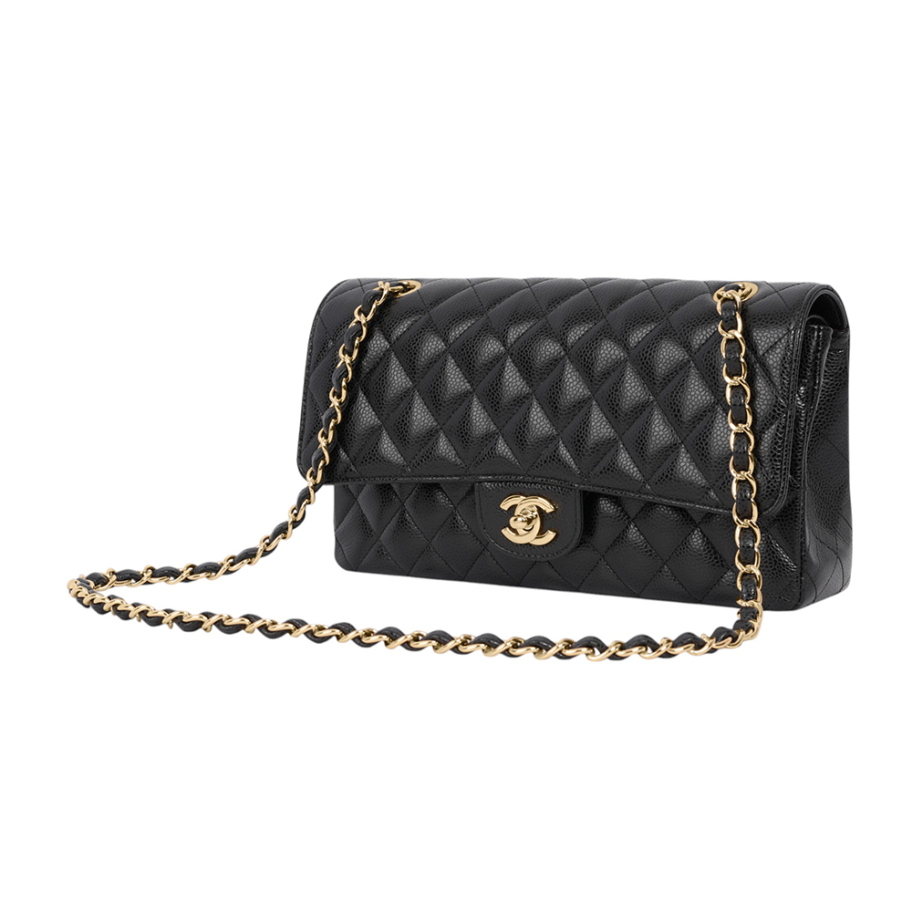 【CHANEL】金釦菱格紋粒紋牛皮 25cm COCO包(黑色)A01112 Y01864 C3906