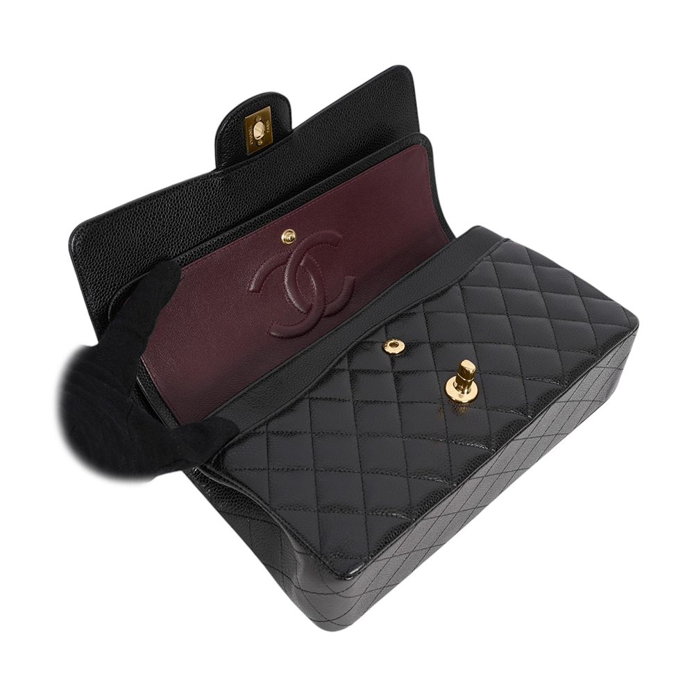 【CHANEL】金釦菱格紋粒紋牛皮 25cm COCO包(黑色)A01112 Y01864 C3906