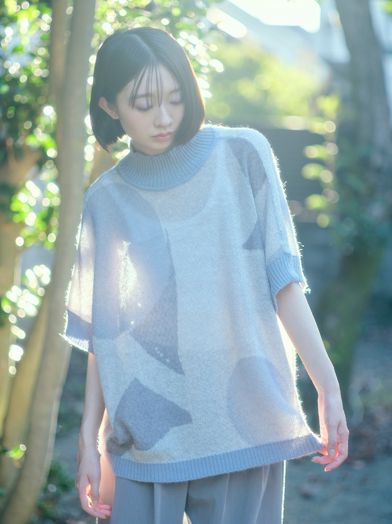 [Hashimoto Naoko] Pompon Turtleneck Short-sleeves Top- Gray