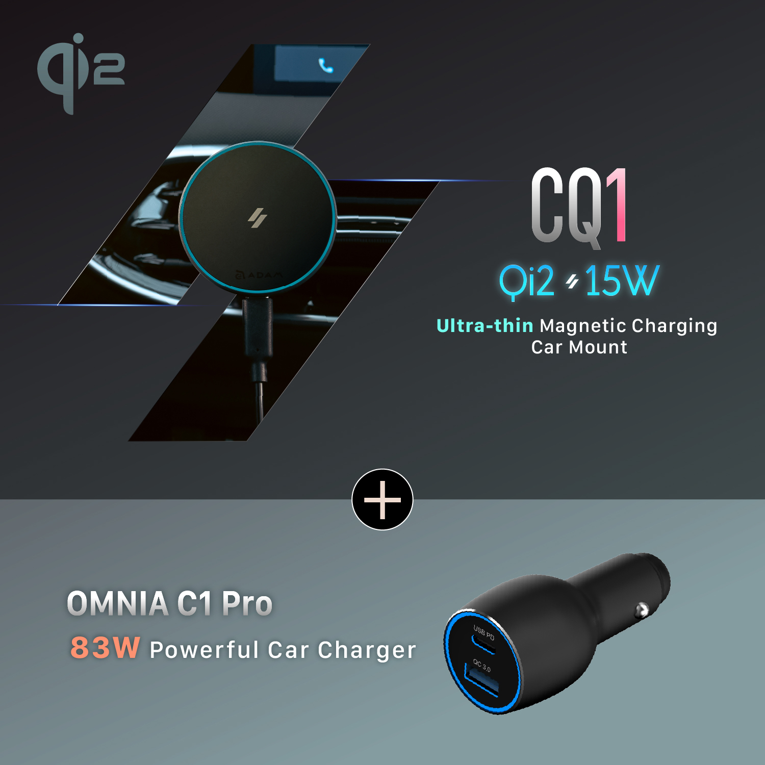 CQ1 Qi2 Magnetic Charging Car Mount + OMNIA C1 Pro 83W Powerful Car Charger