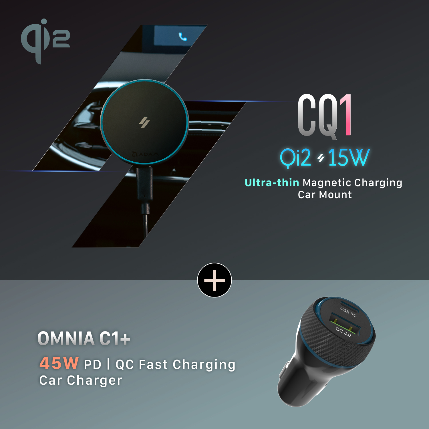 CQ1 Qi2 Magnetic Charging Car Mount + OMNIA C1 USB-C PD & QC 36W Fast Charging Car Charger