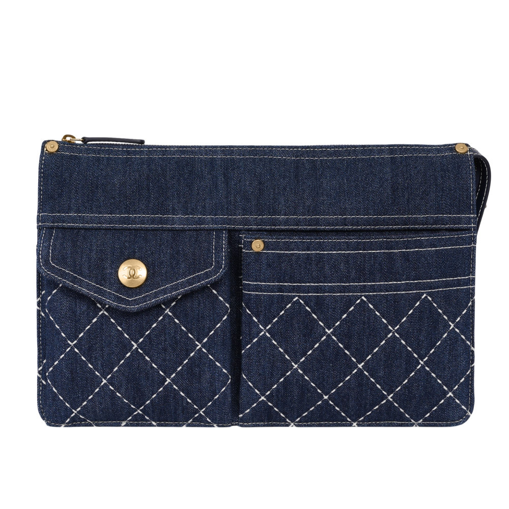 【CHANEL】白色縫線菱格紋丹寧布附小袋手拿包(牛仔藍)AP1016 B01897 N5398