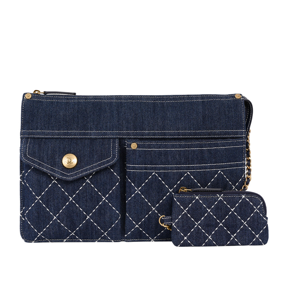 【CHANEL】白色縫線菱格紋丹寧布附小袋手拿包(牛仔藍)AP1016 B01897 N5398