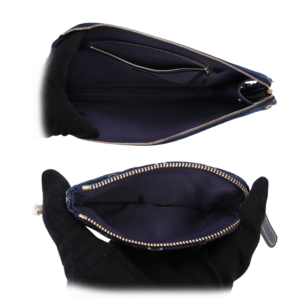 【CHANEL】白色縫線菱格紋丹寧布附小袋手拿包(牛仔藍)AP1016 B01897 N5398