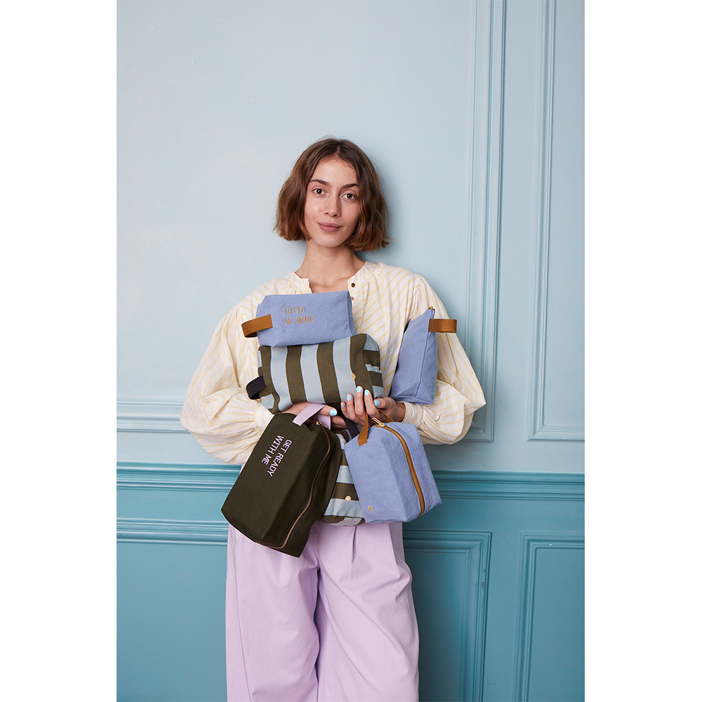 (預購4/30)法國La cerise sur le gâteau 有機棉防水手提收納袋-抹茶藍條紋(大)