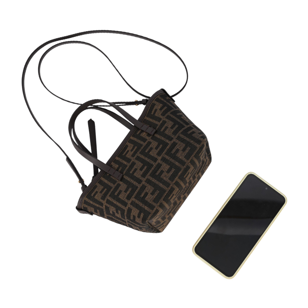 【FENDI】Roll FF Logo 緹花布迷你手提/斜背二用包(棕色)8BS096 AFPM F1GL7