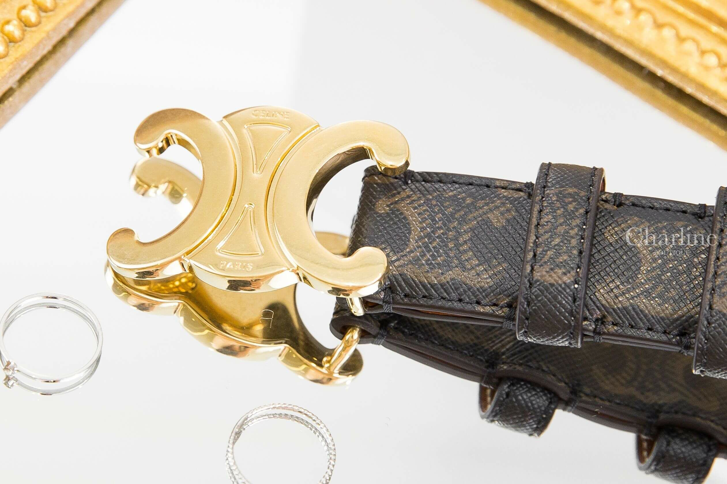 Celine Medium Triomphe Belt In Triomphe Canvas 棕褐色凱旋門老花帆布金色凱旋門2.5cm皮帶