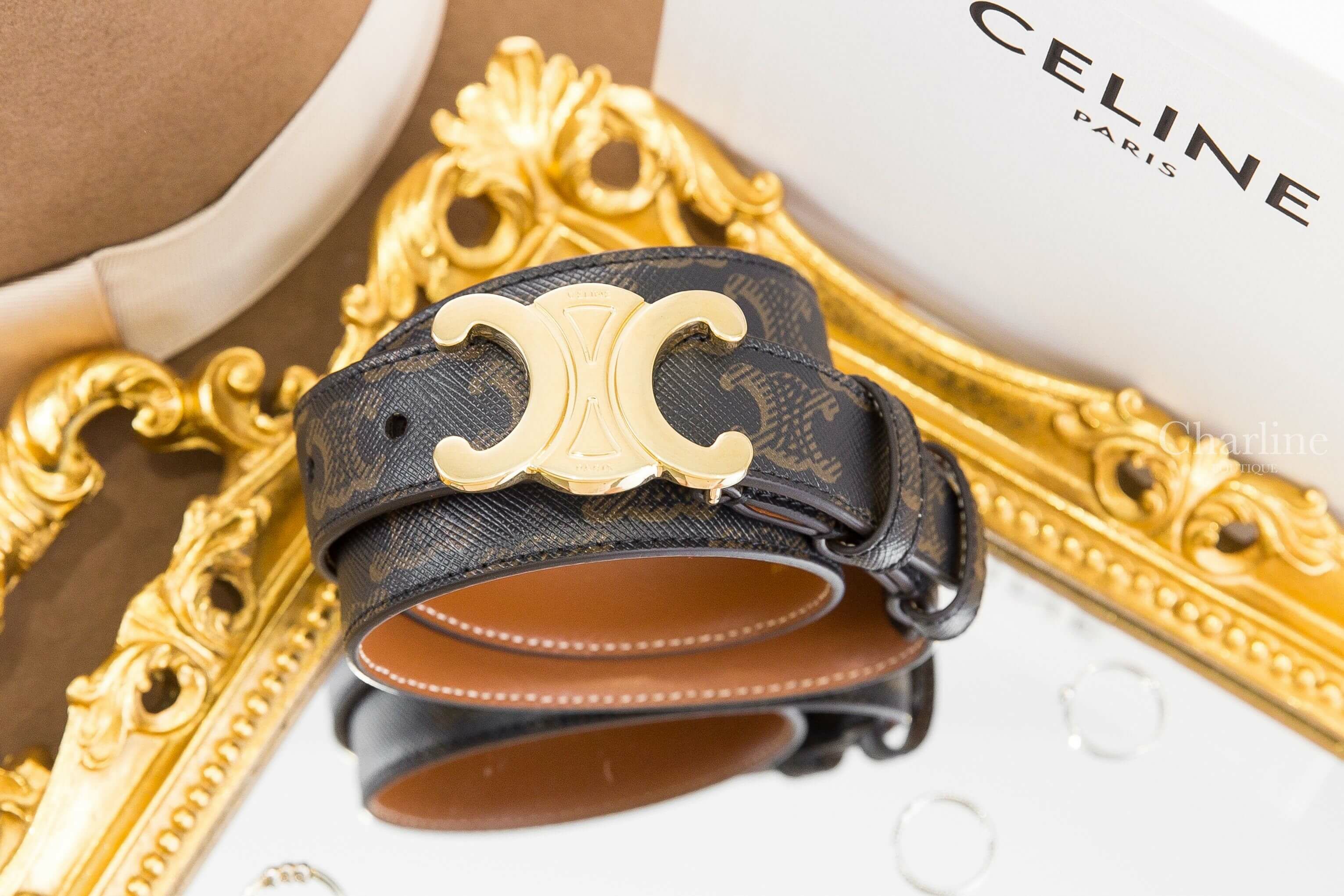 Celine Medium Triomphe Belt In Triomphe Canvas 棕褐色凱旋門老花帆布金色凱旋門2.5cm皮帶