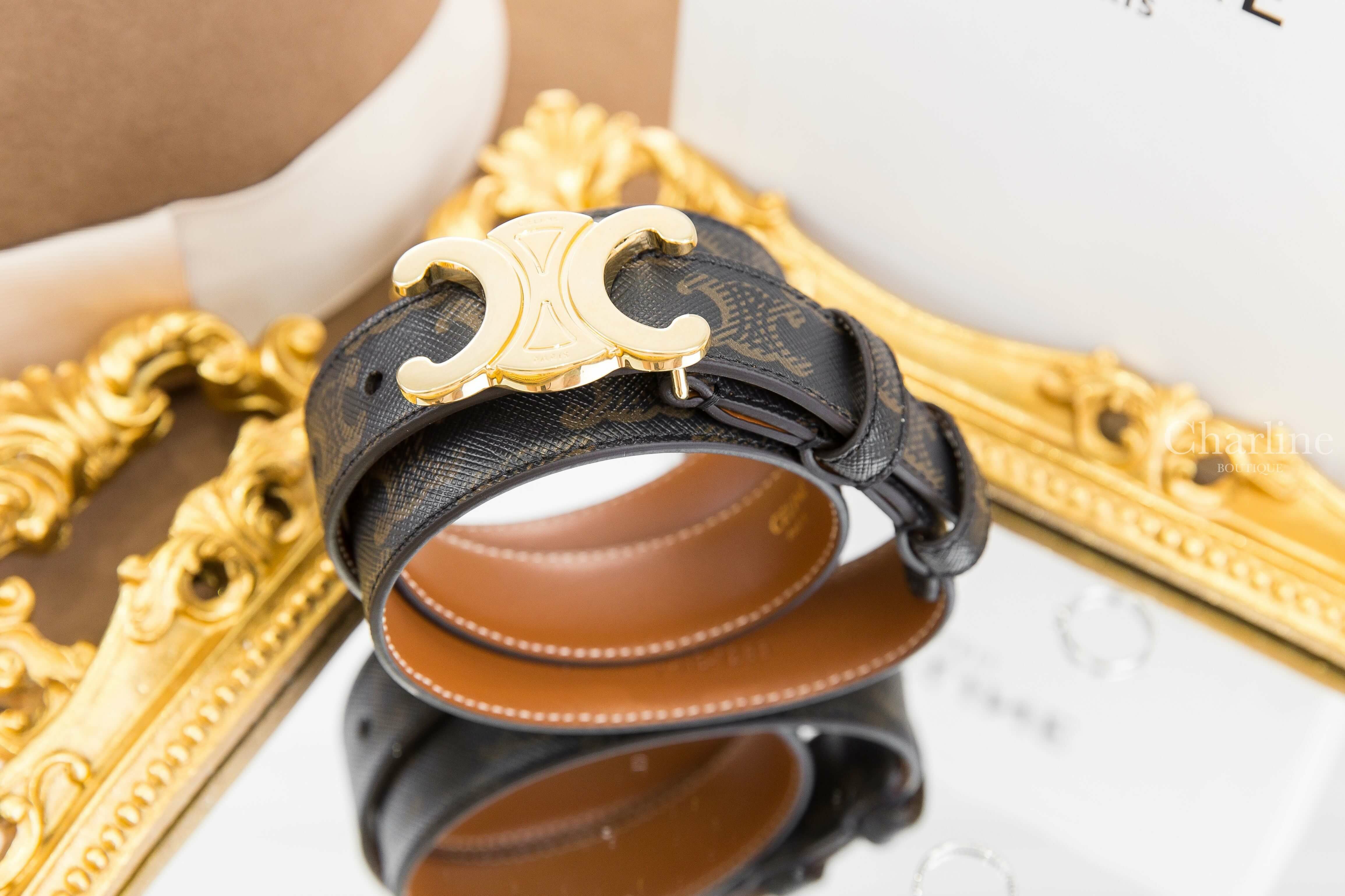 Celine Medium Triomphe Belt In Triomphe Canvas 棕褐色凱旋門老花帆布金色凱旋門2.5cm皮帶-Charline Boutique 精品代購