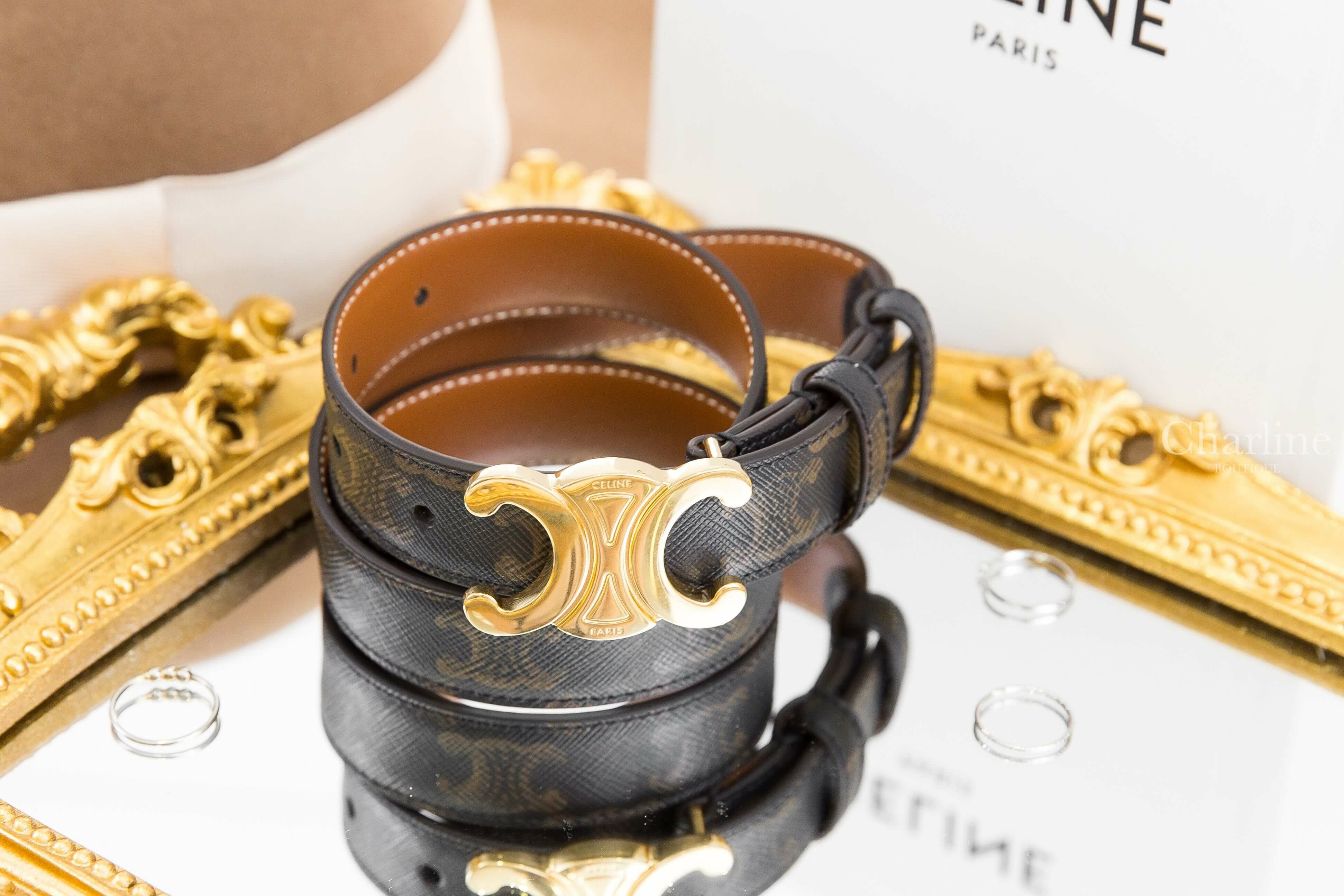 Celine Medium Triomphe Belt In Triomphe Canvas 棕褐色凱旋門老花帆布金色凱旋門2.5cm皮帶-Charline Boutique 精品代購