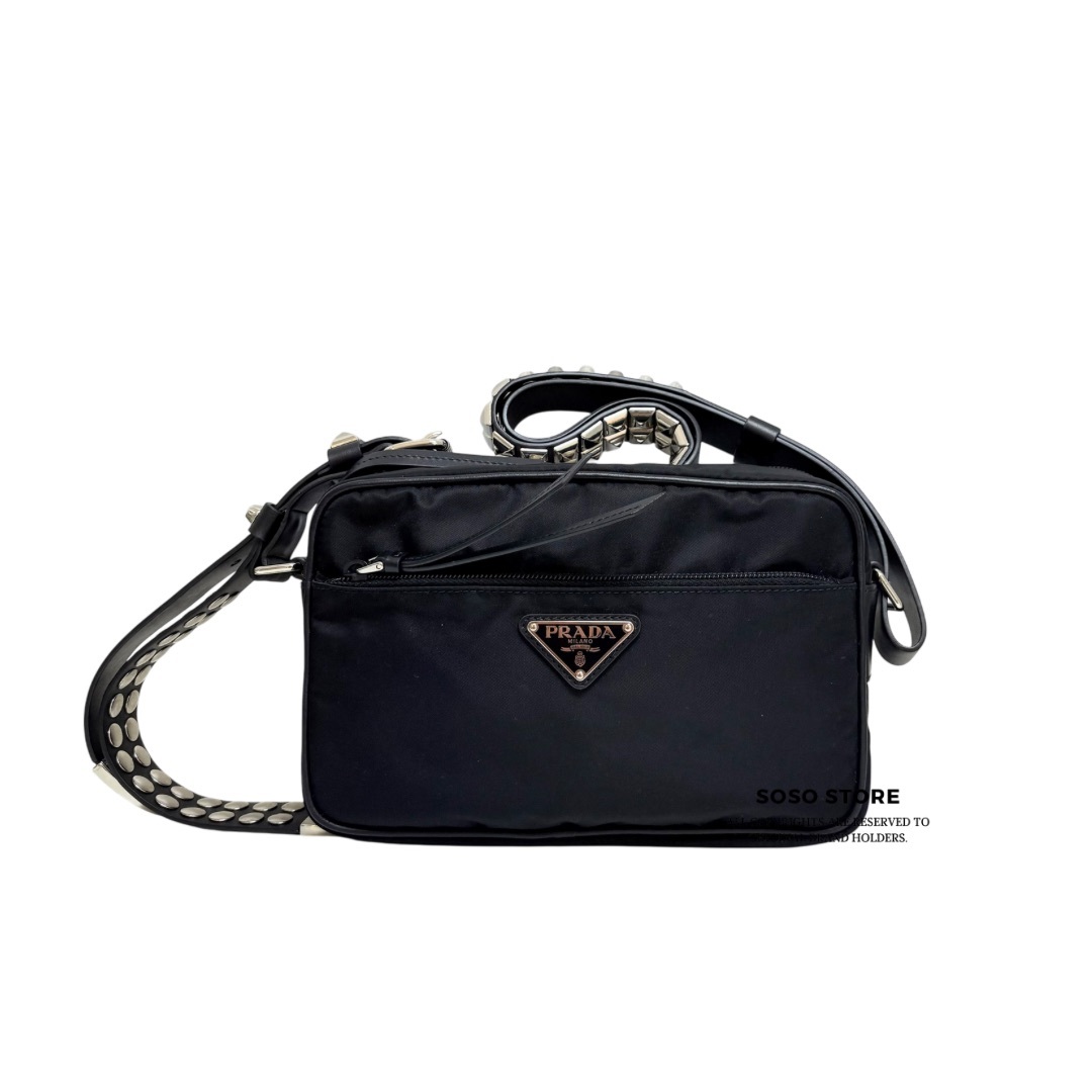 Prada Triangle Logo Studs Shoulder Bag - Black / Shw