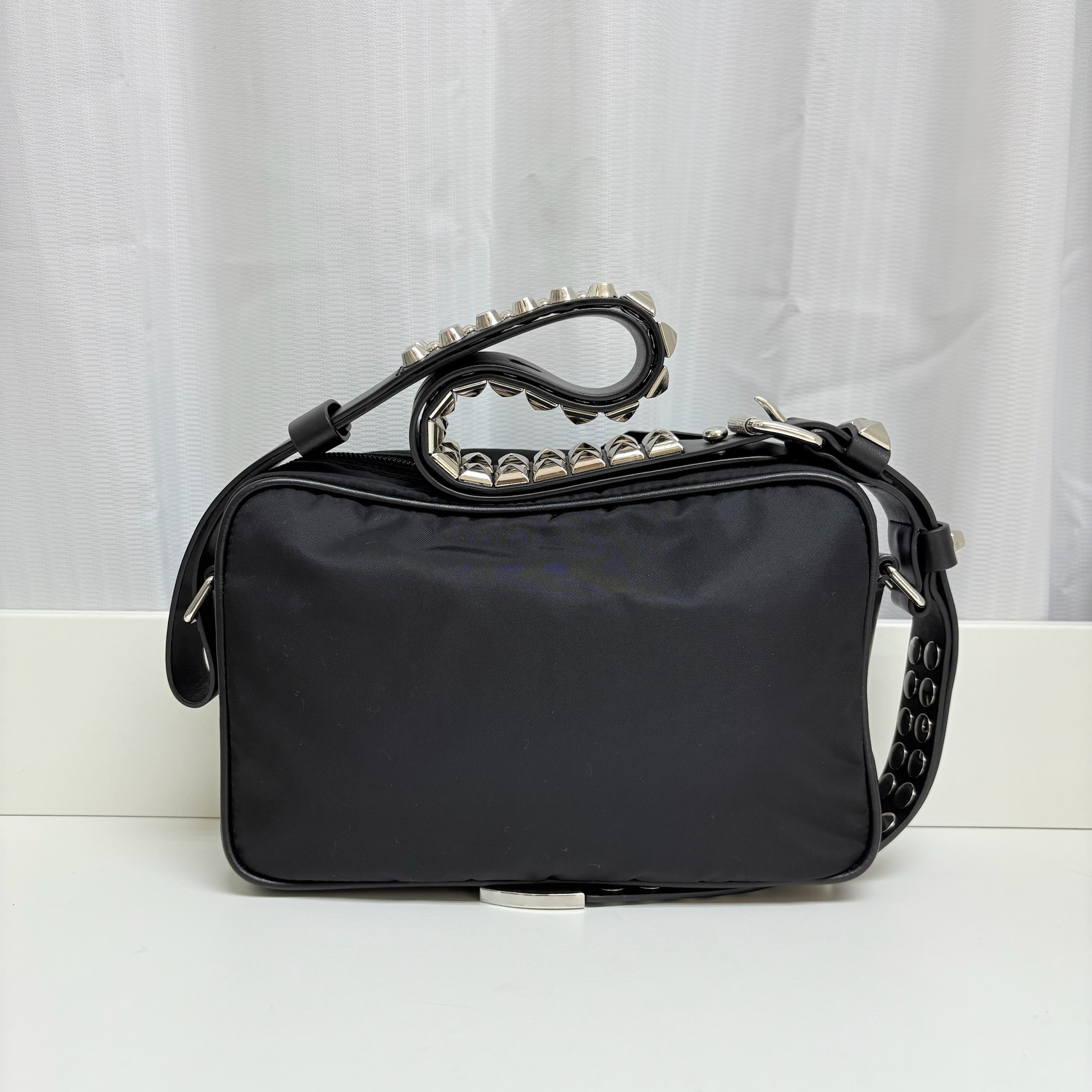 Prada Triangle Logo Studs Shoulder Bag - Black / Shw