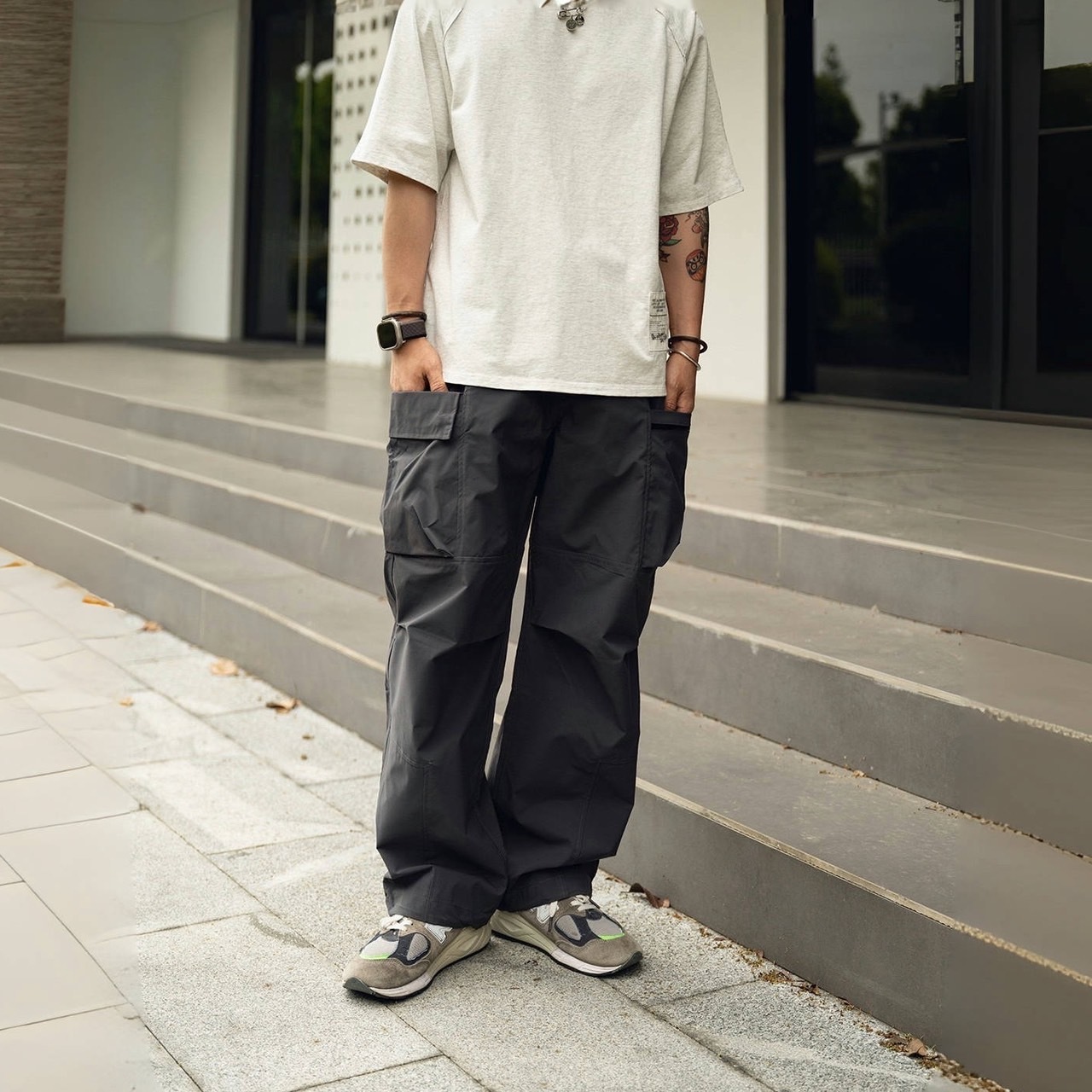 工裝大口袋寬管直筒休閒褲