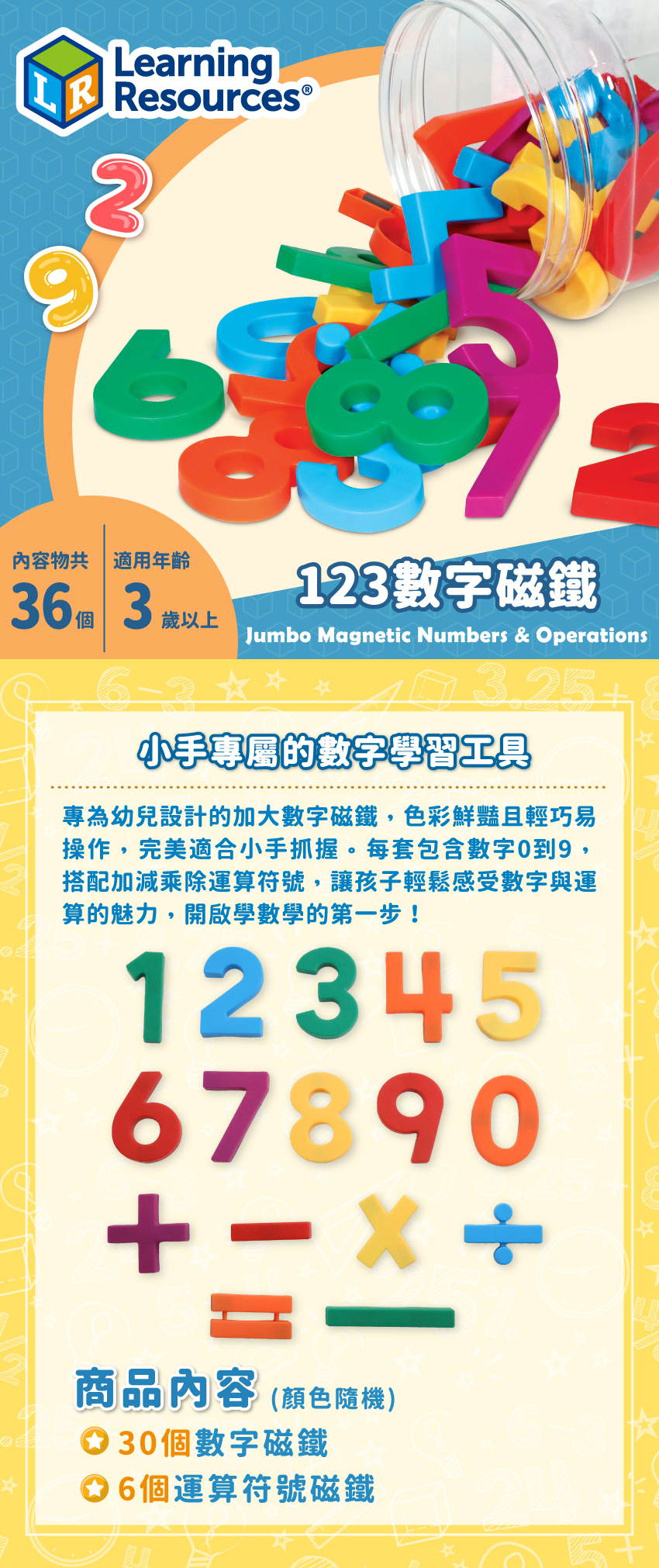 商品内容:30個數字磁鐵(顏色隨機),6個運算符號磁鐵