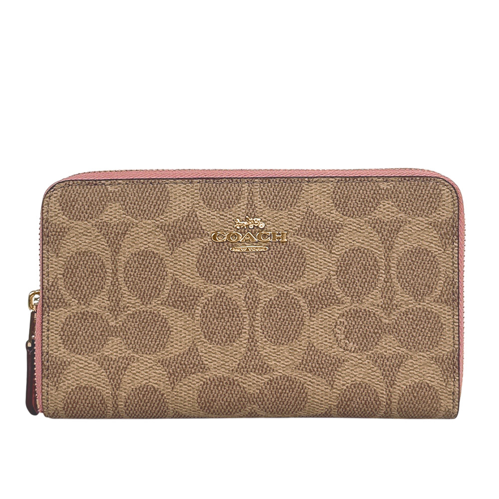 【COACH】金字Logo 塗層帆布ㄇ形拉鍊中夾(棕褐色/花瓣粉)CW781 IMXB0