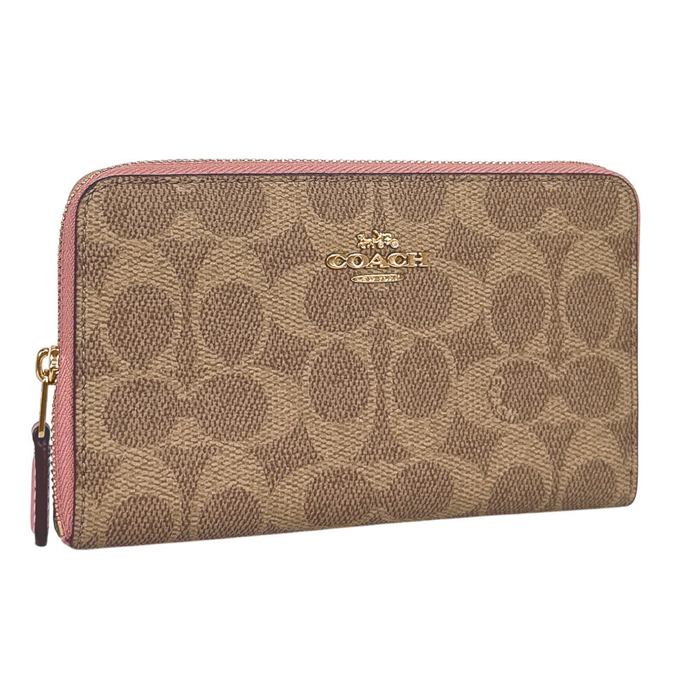 【COACH】金字Logo 塗層帆布ㄇ形拉鍊中夾(棕褐色/花瓣粉)CW781 IMXB0