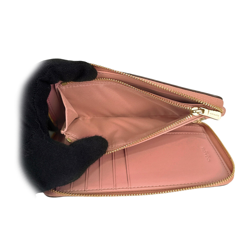 【COACH】金字Logo 塗層帆布ㄇ形拉鍊中夾(棕褐色/花瓣粉)CW781 IMXB0