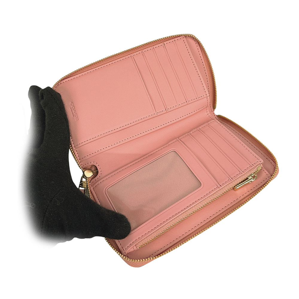 【COACH】金字Logo 塗層帆布ㄇ形拉鍊中夾(棕褐色/花瓣粉)CW781 IMXB0