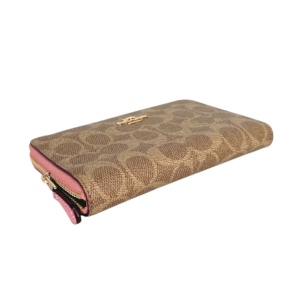 【COACH】金字Logo 塗層帆布ㄇ形拉鍊中夾(棕褐色/花瓣粉)CW781 IMXB0