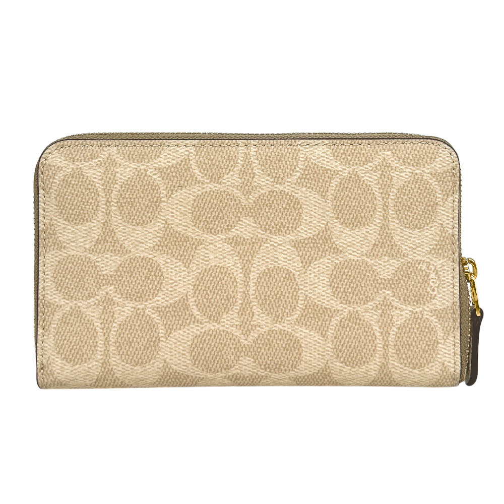 【COACH】金字Logo 塗層帆布ㄇ形拉鍊中夾(沙色/白色)CW781 IMXDM