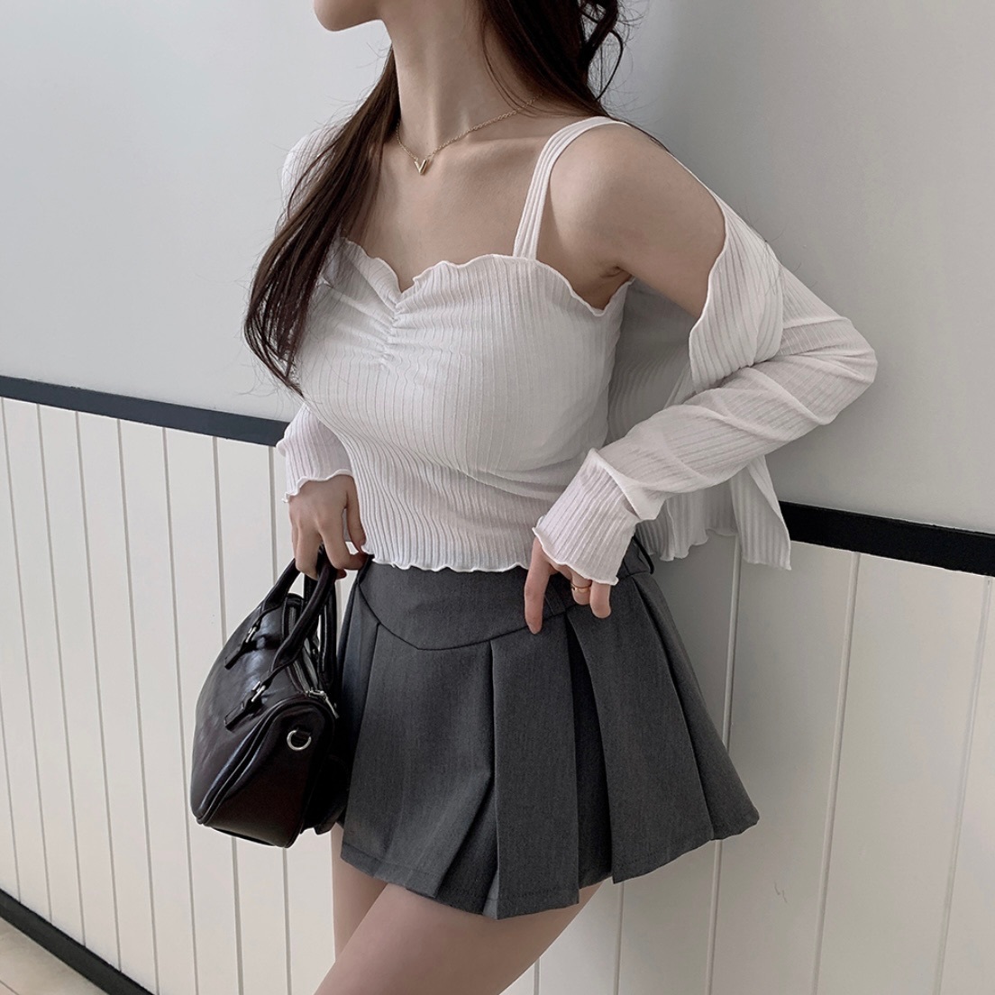 【優惠現貨】KR RITU CROP CARDIGAN ＋ SHIRRING SLEEVELESS SET（3色）