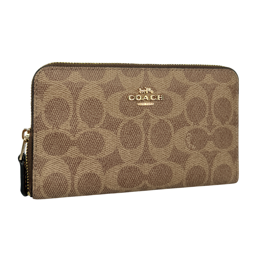 【COACH】金字Logo 塗層帆布ㄇ形拉鍊中夾