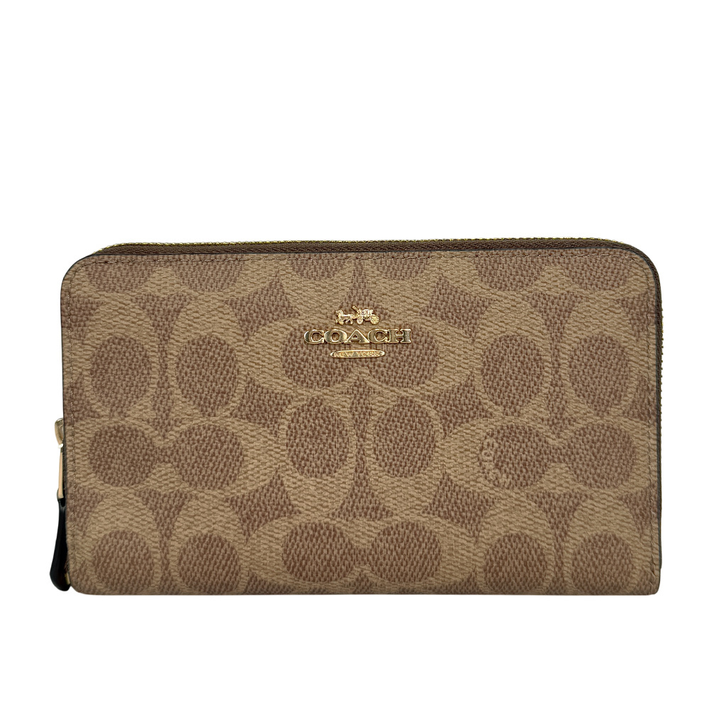 【COACH】金字Logo 塗層帆布ㄇ形拉鍊中夾(棕褐色/棕色)CW781 IMXHE
