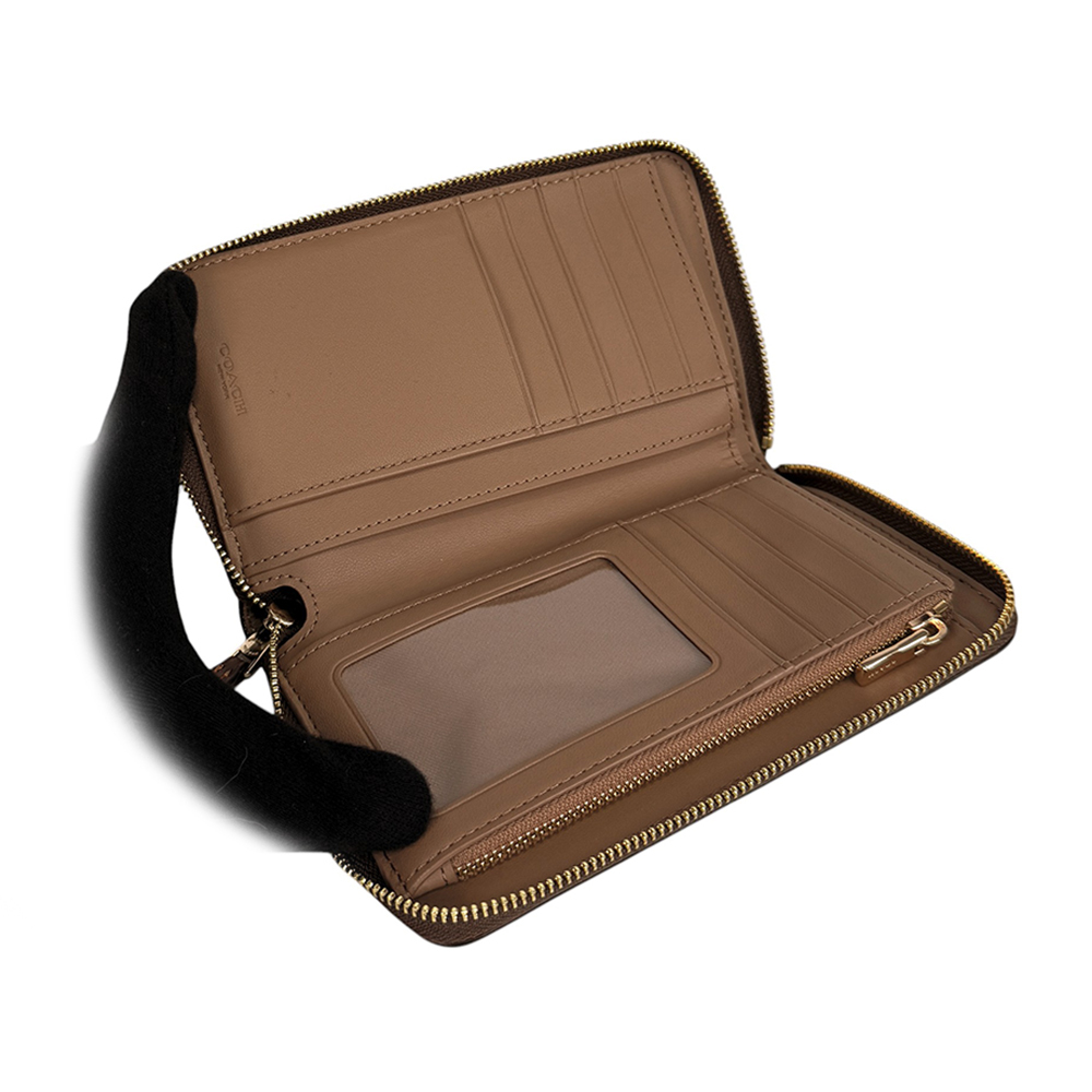 【COACH】金字Logo 塗層帆布ㄇ形拉鍊中夾(棕褐色/棕色)CW781 IMXHE