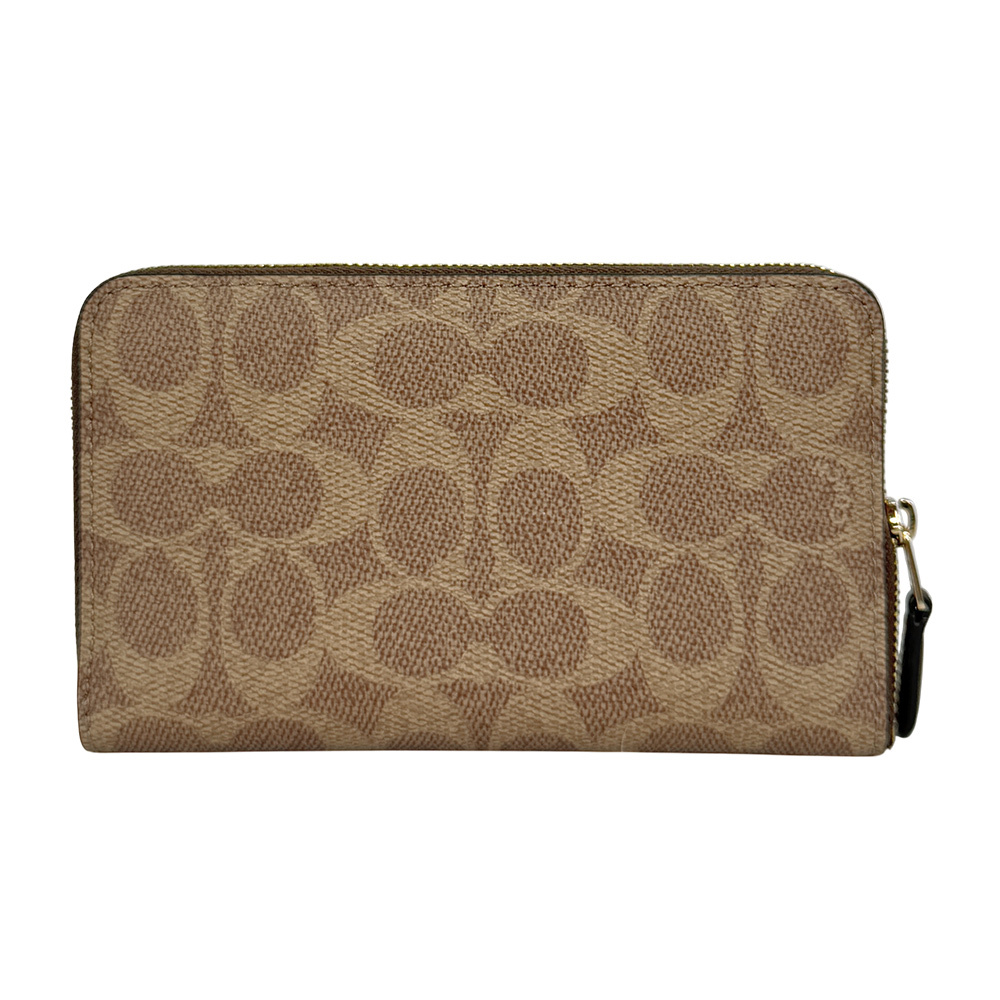 【COACH】金字Logo 塗層帆布ㄇ形拉鍊中夾(棕褐色/棕色)CW781 IMXHE
