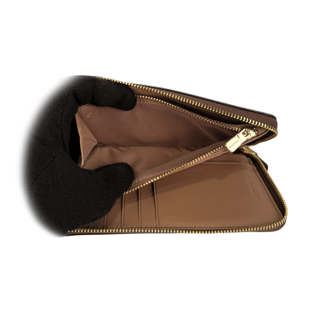 【COACH】金字Logo 塗層帆布ㄇ形拉鍊中夾(棕褐色/棕色)CW781 IMXHE