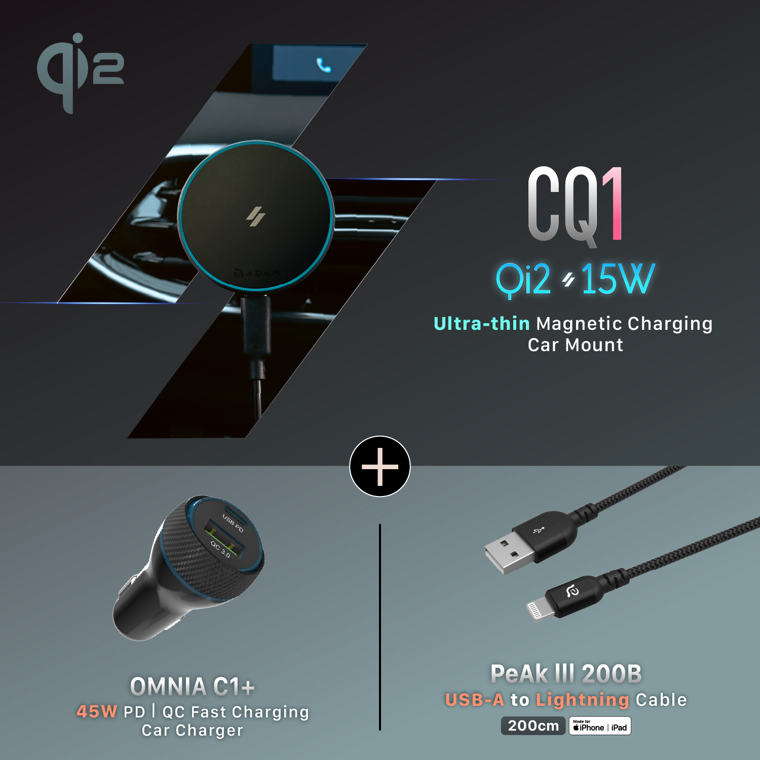 CQ1 Qi2 Magnetic Charging Car Mount + OMNIA C1 USB-C PD & QC 36W Fast Charging Car Charger + PeAk III 200B Apple MFi-Certified USB-A to Lightning Cable (2M)
