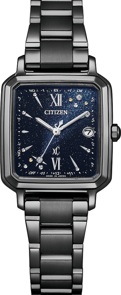 萬年鐘錶 - Citizen 星辰錶  XC   hikari collection 限量方型全黑星空藍鈦金屬附皮革錶戴套組光動能電波女錶 ES9504-50E 錶徑25MM
