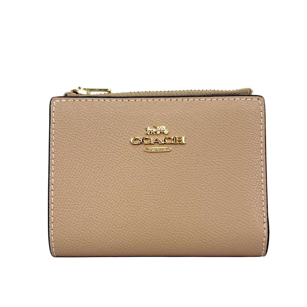 【COACH】金字Logo 防刮皮革對開二折釦式短夾(奶茶色)CR983 IMTAU