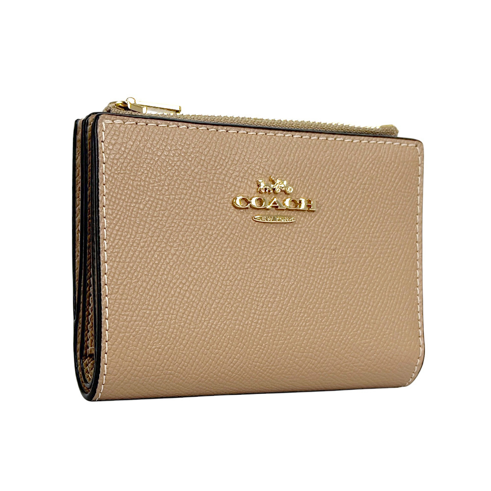 【COACH】金字Logo 防刮皮革對開二折釦式短夾(奶茶色)CR983 IMTAU