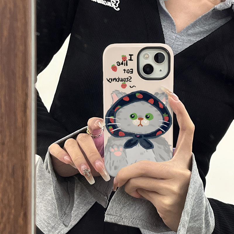 《02132》草莓頭套貓貓手機殼
