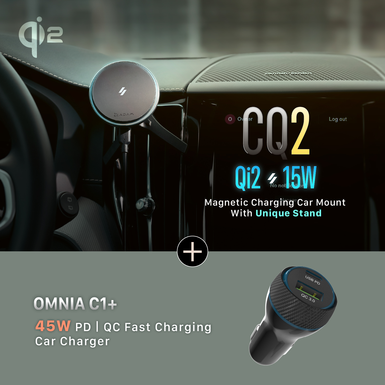 CQ2 Qi2 Magnetic Charging Car Mount + OMNIA C1 USB-C PD & QC 36W Fast Charging Car Charger
