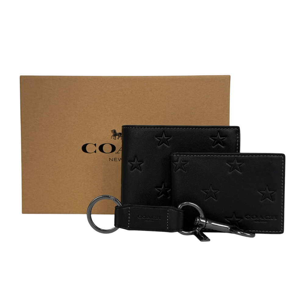 【COACH】星星壓印牛皮附活動式卡夾短夾+鑰匙圈禮盒組