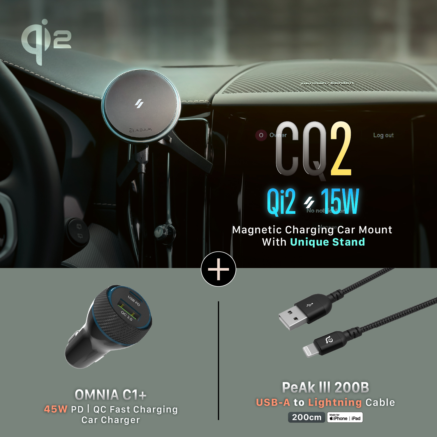 CQ2 Qi2 Magnetic Charging Car Mount + OMNIA C1 USB-C PD & QC 36W Fast Charging Car Charger + PeAk III 200B Apple MFi-Certified USB-A to Lightning Cable (2M)