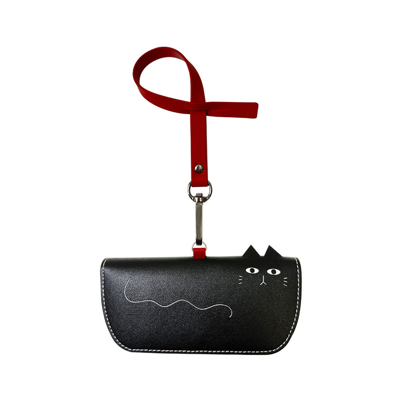 BrilleBrille 帶我走隨行眼鏡皮套/ 掌上型皮革收納包 附贈手攜式吊環 - 布雷克午夜黑(貓咪)