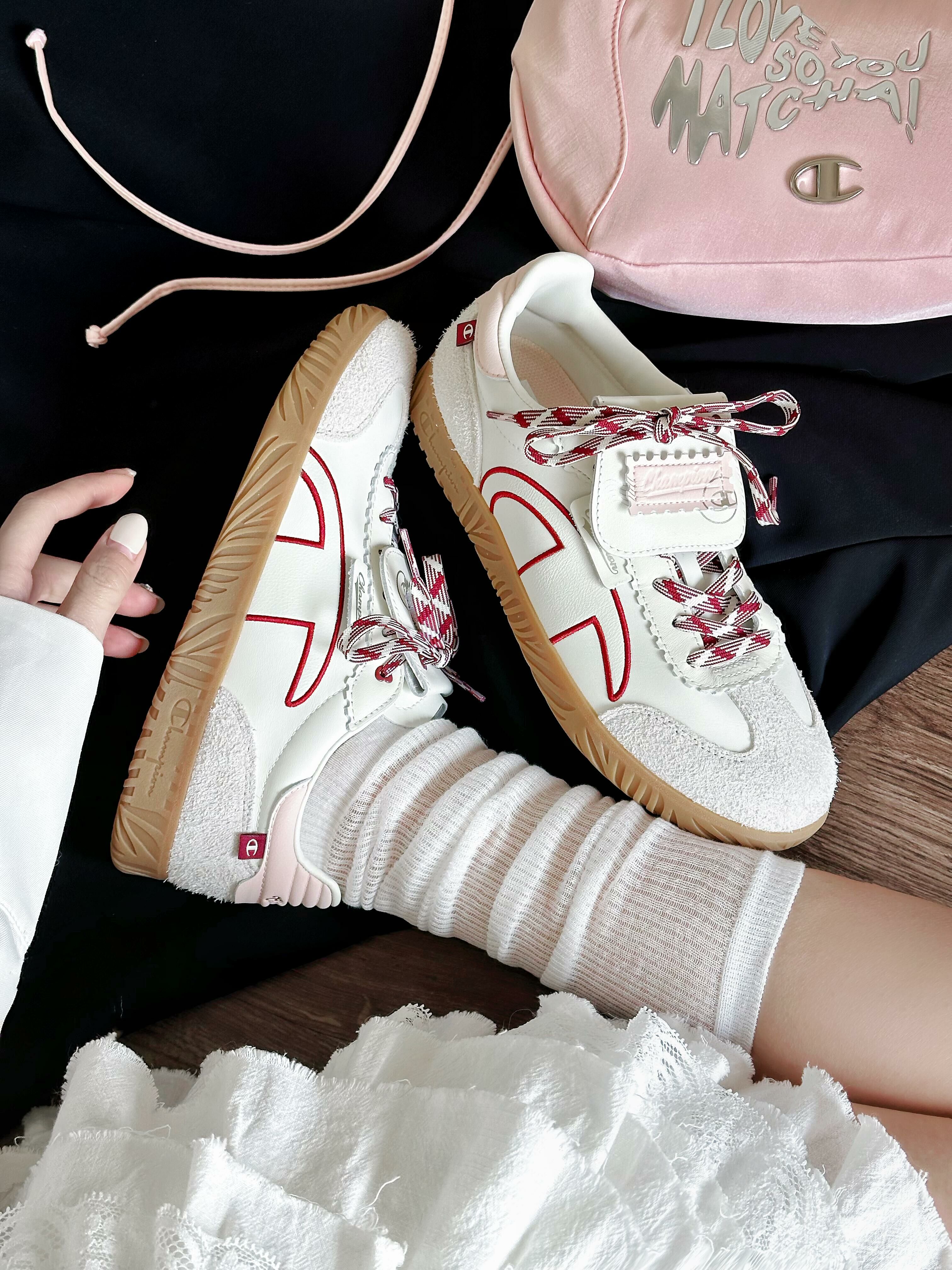 Champion Champ T-trainer 米白色酒紅邊 蕾絲 芭蕾風 焦糖底 情人節 翻蓋鞋舌 德訓鞋 板鞋 U5AFCTW15K2/預購