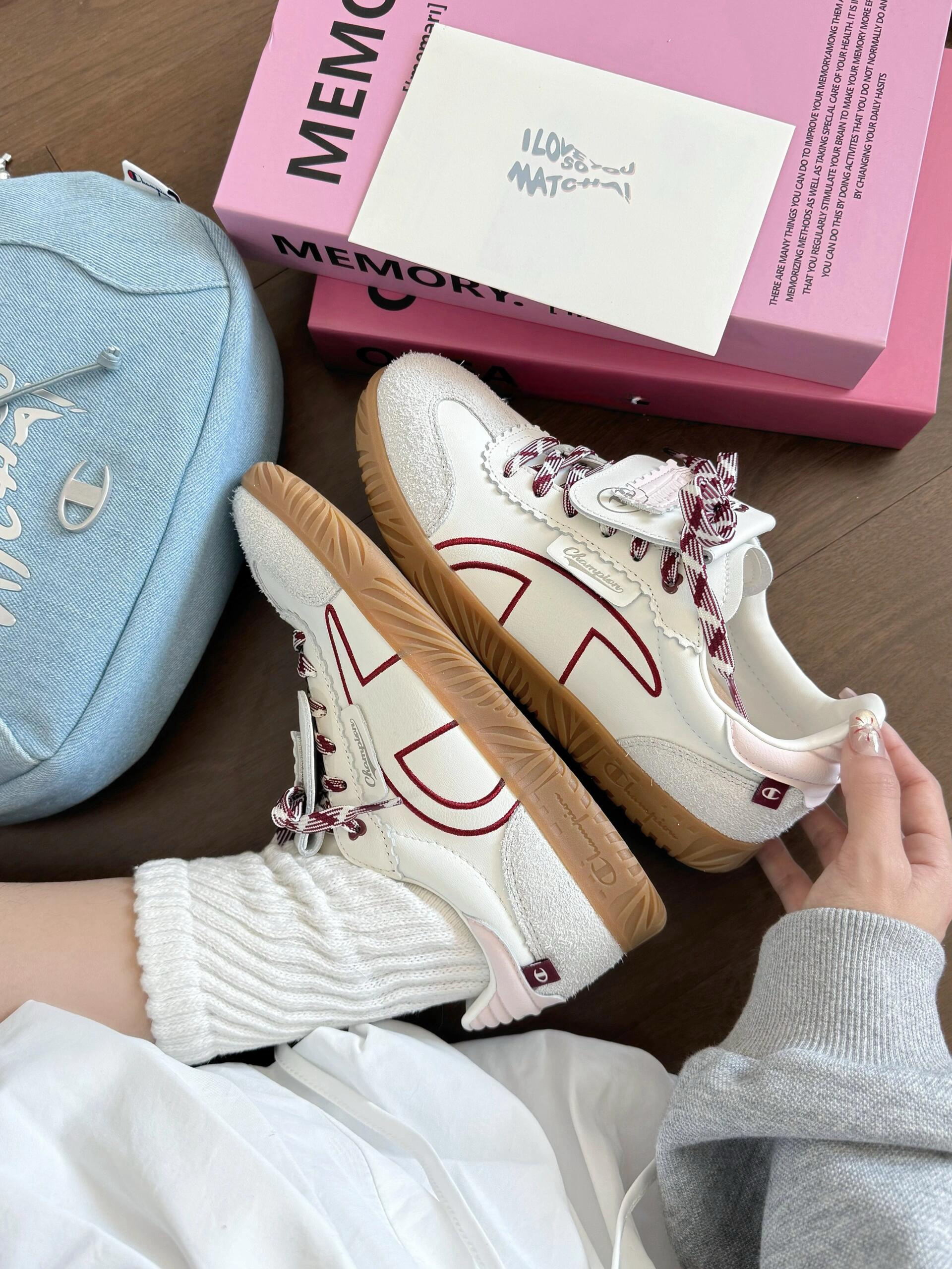 Champion Champ T-trainer 米白色酒紅邊 蕾絲 芭蕾風 焦糖底 情人節 翻蓋鞋舌 德訓鞋 板鞋 U5AFCTW15K2/預購