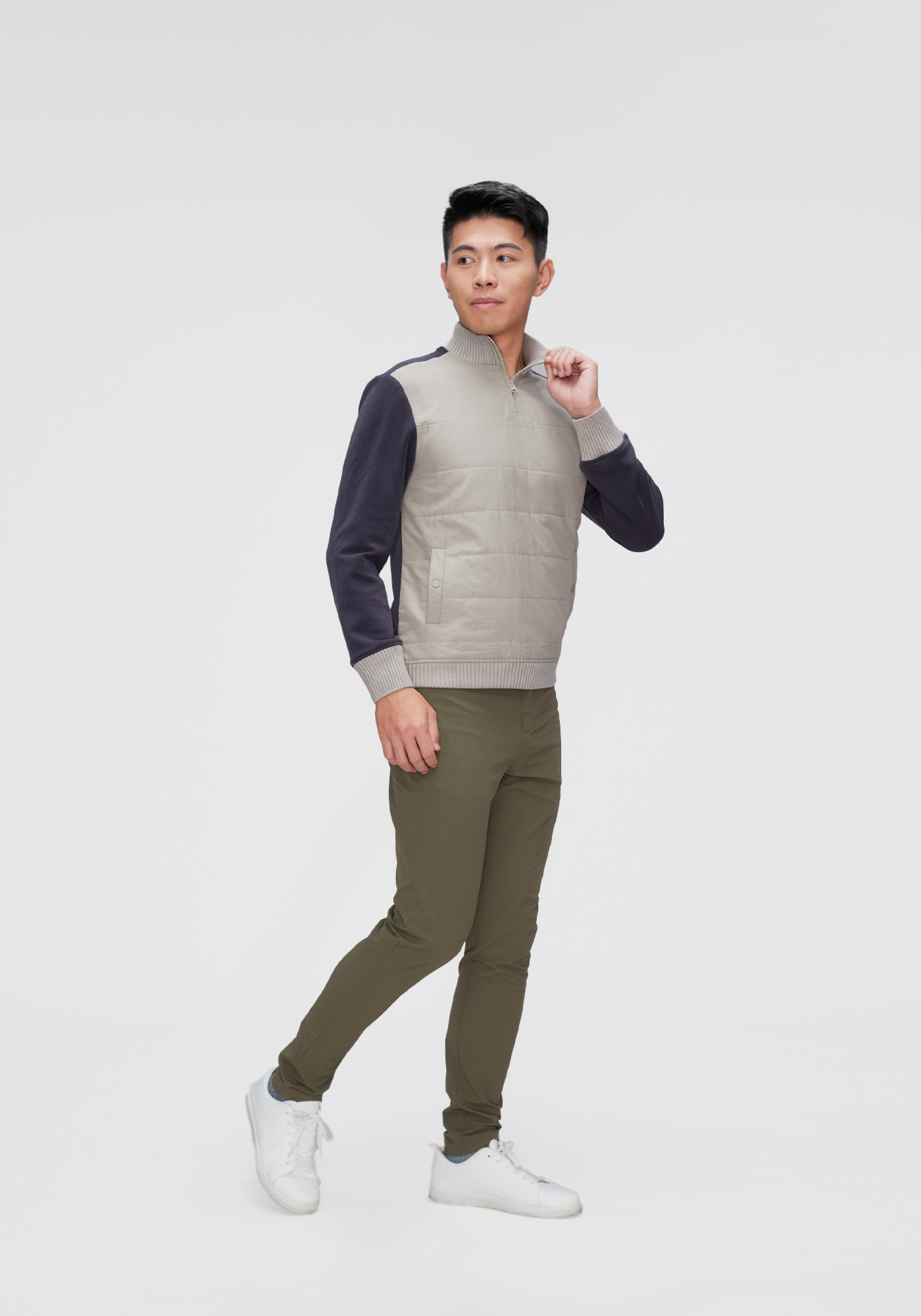 高領羽絨拼接上衣-林地灰