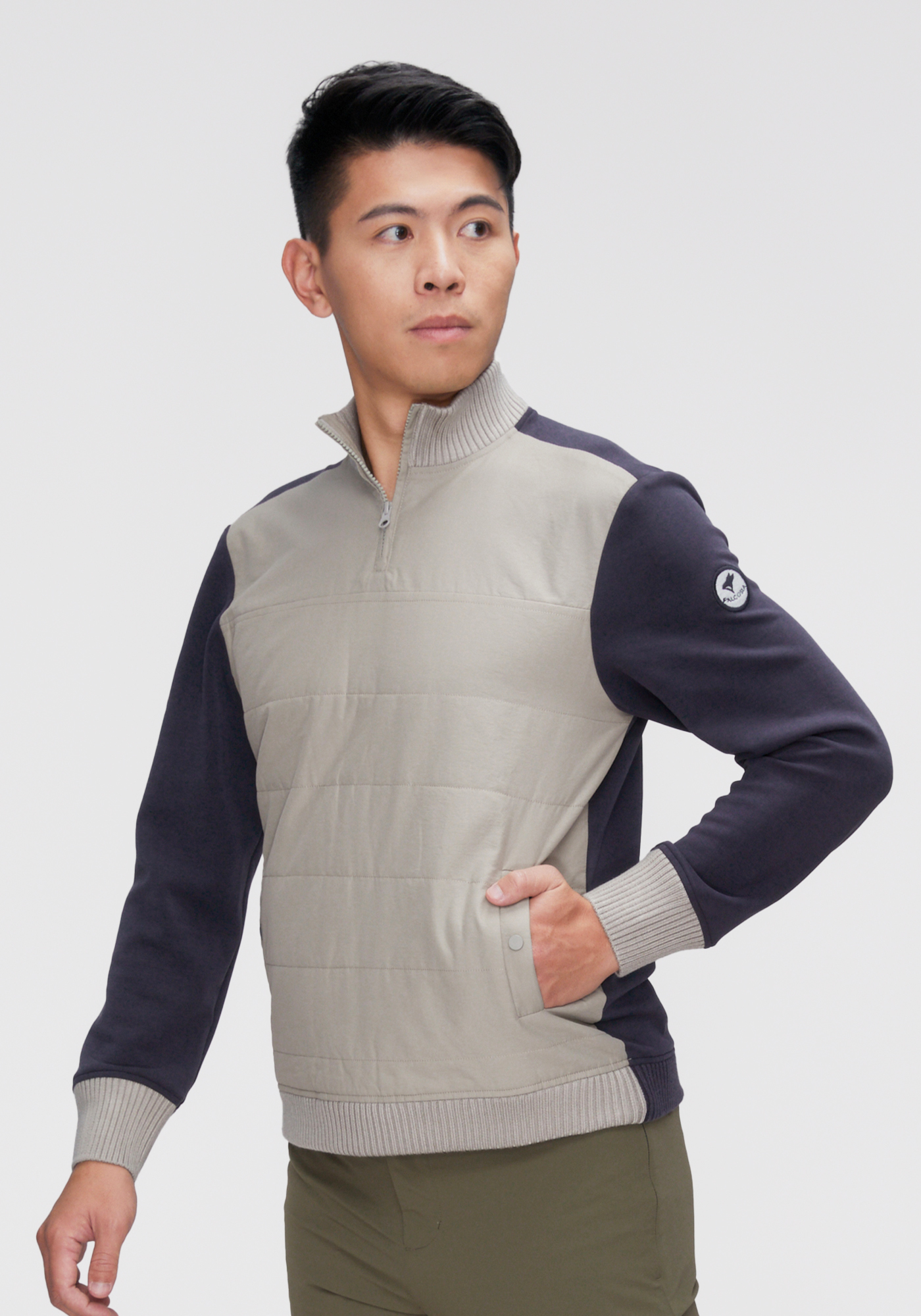 高領羽絨拼接上衣-林地灰