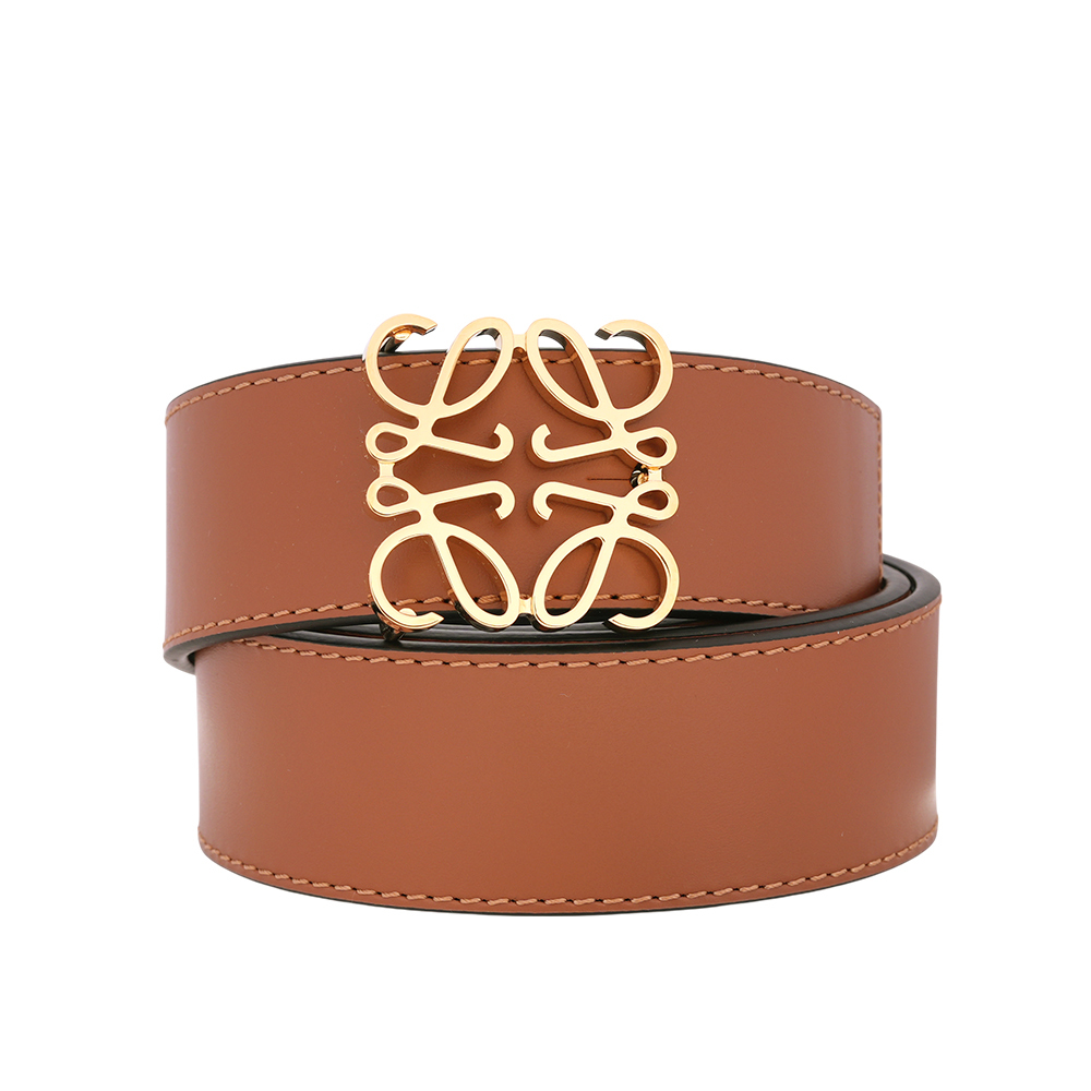 【LOEWE】Anagram 金釦平滑牛皮雙面可用皮帶 85/90/95/100cm (焦糖色/黑色)