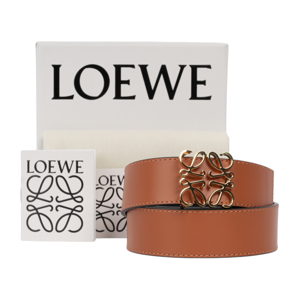 【LOEWE】Anagram 金釦平滑牛皮雙面可用皮帶85cm(焦糖色/黑色)E821Z20X02 2544