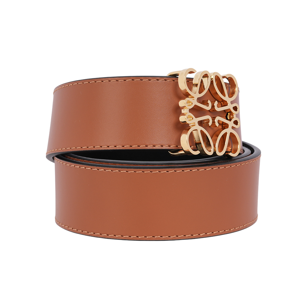 【LOEWE】Anagram 金釦平滑牛皮雙面可用皮帶85cm(焦糖色/黑色)E821Z20X02 2544