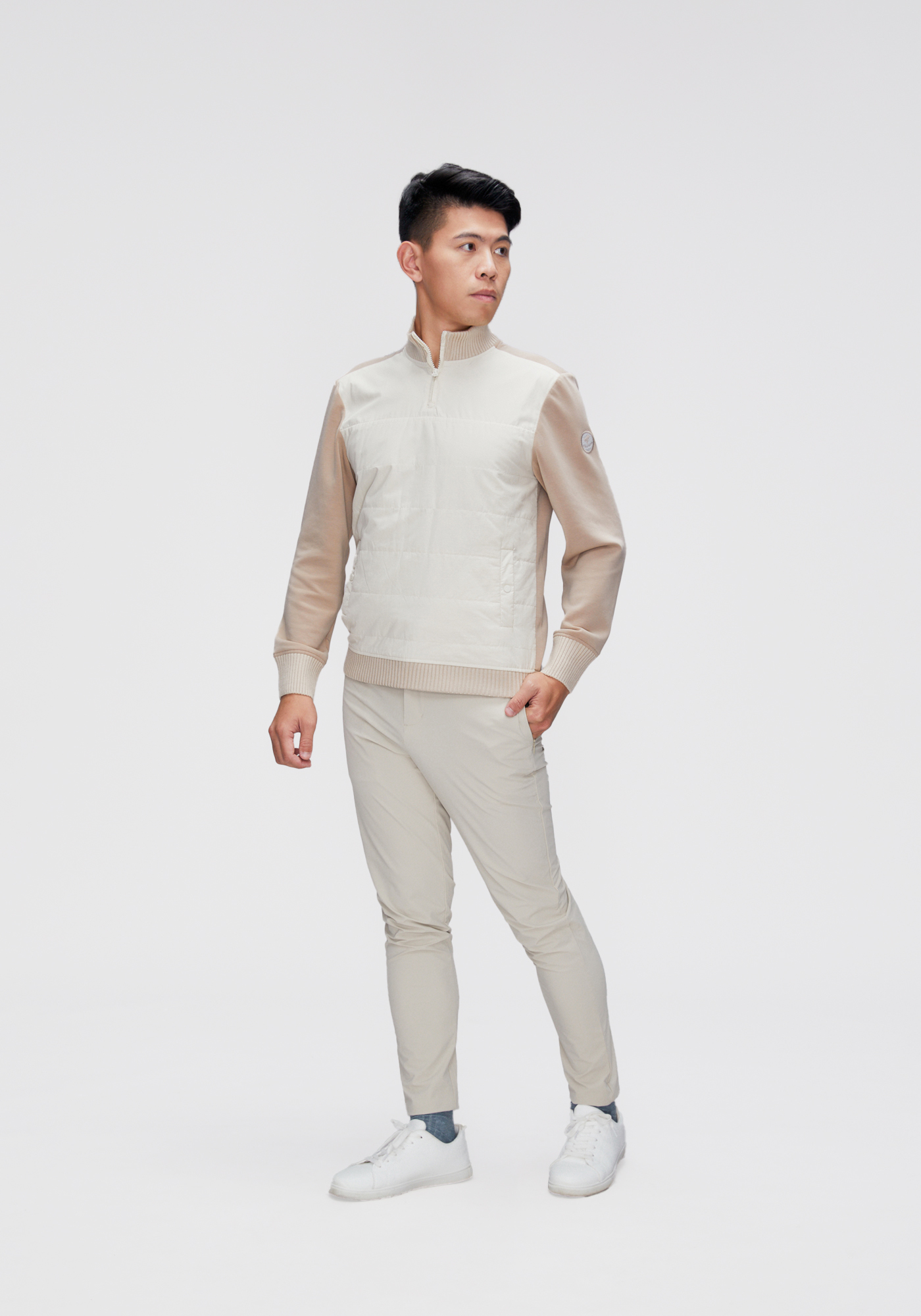 高領羽絨拼接上衣-卡其色