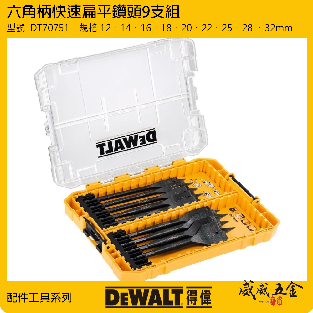 DEWALT 美國 得偉｜木頭硬木用鑽頭｜六角柄快速扁平鑽頭9支組 六角軸木工鑽尾 木工鑽頭｜12-32mm｜DT70751