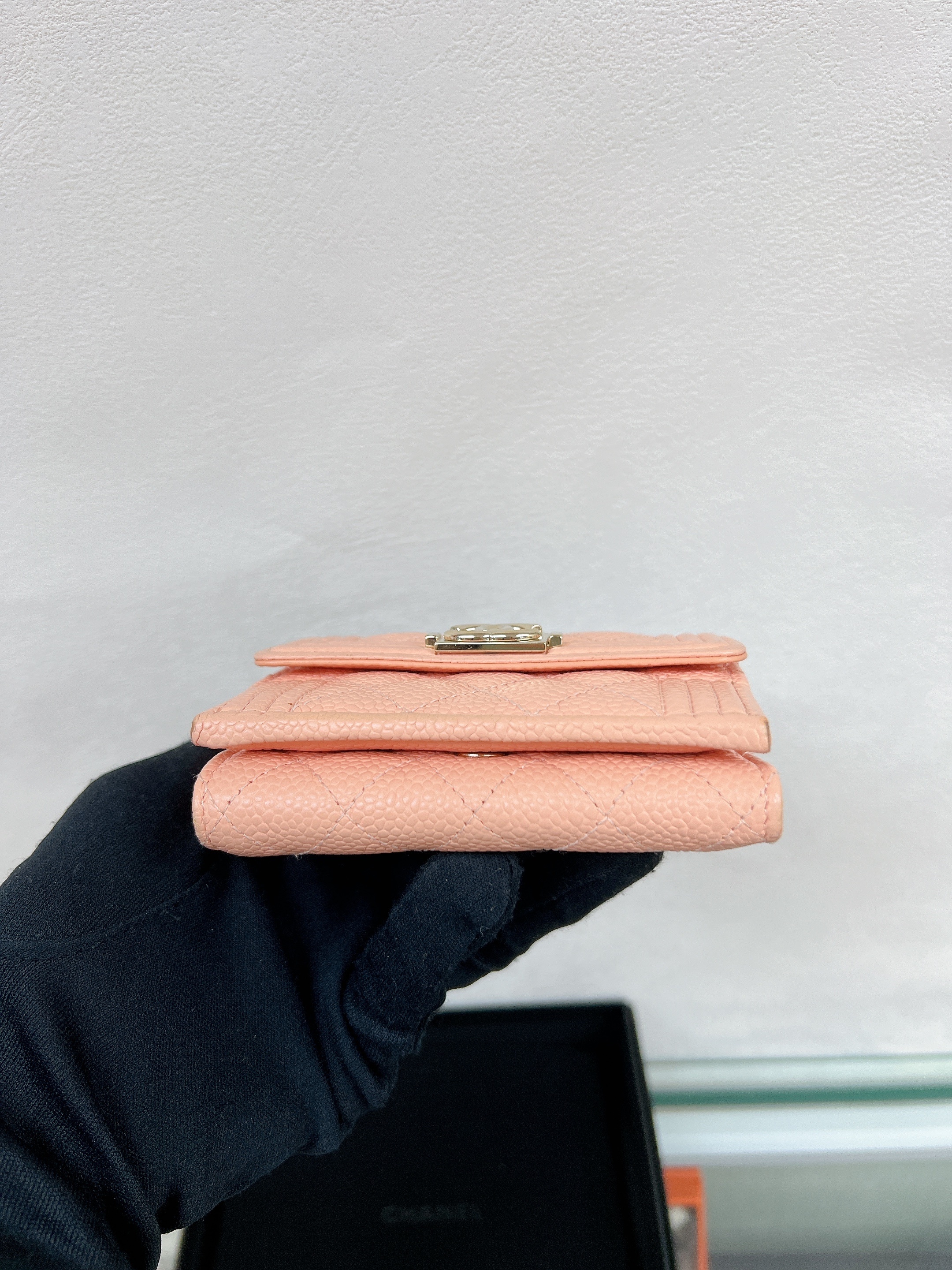 Chanel boy tri-fold wallet (peach pink caviar/ GHW)